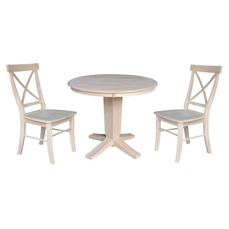 International Concepts 36 in. Solid Wood Round Top Pedestal Dining Table with 2 Chairs, Unfinished K-36RT-23B-C613-2